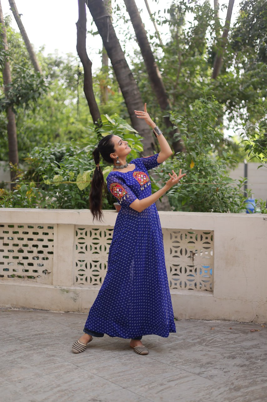 Blue Bandhani Print Kurti with Kutchi Patchwork Detailing ClothsVilla