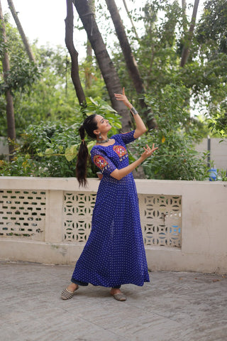 Blue Bandhani Print Kurti with Kutchi Patchwork Detailing ClothsVilla