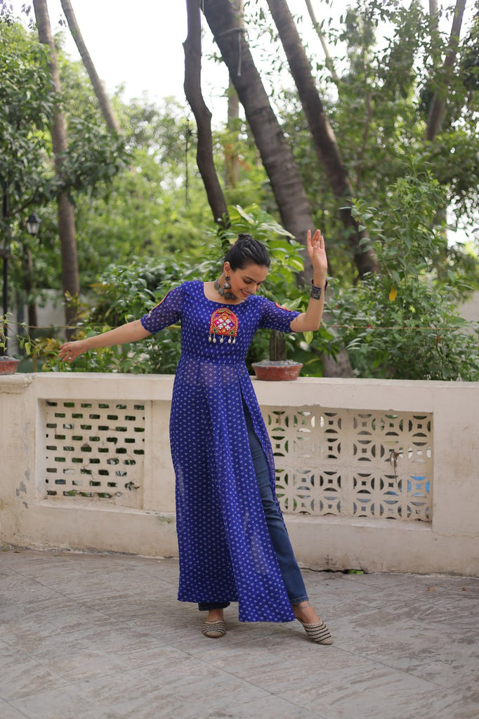 Blue Bandhani Print Kurti with Kutchi Patchwork Detailing ClothsVilla