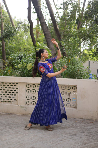 Blue Bandhani Print Kurti with Kutchi Patchwork Detailing ClothsVilla