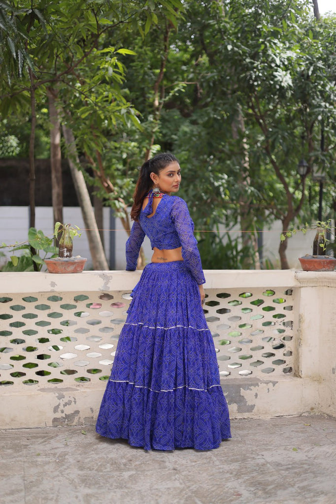 Blue Bandhej Print Faux Georgette Lehenga Choli Set with Gotta Patti & Gamthi Embroidery – Stitched ClothsVilla