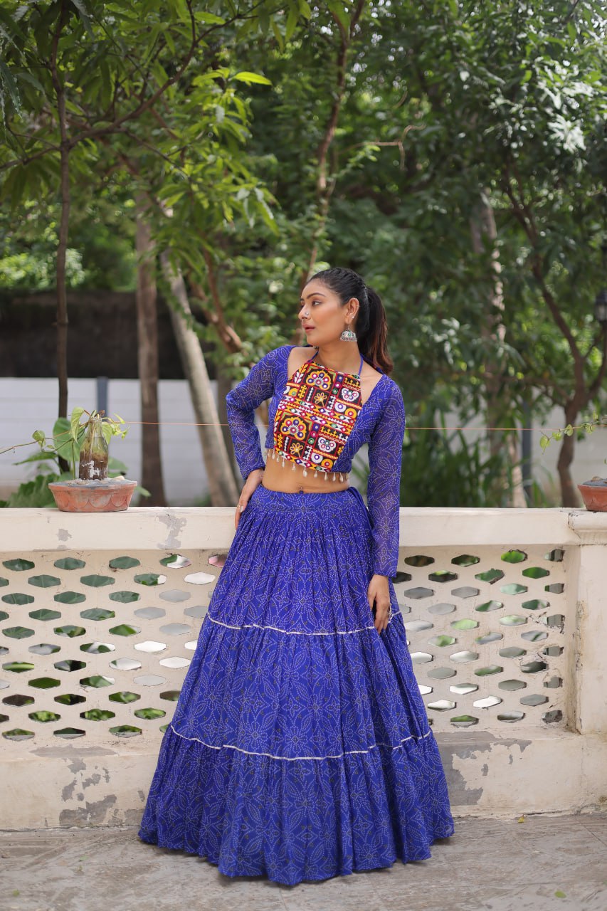 Blue Bandhej Print Faux Georgette Lehenga Choli Set with Gotta Patti & Gamthi Embroidery – Stitched ClothsVilla