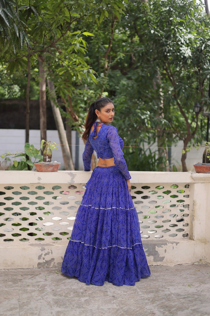Blue Bandhej Print Faux Georgette Lehenga Choli Set with Gotta Patti & Gamthi Embroidery – Stitched ClothsVilla