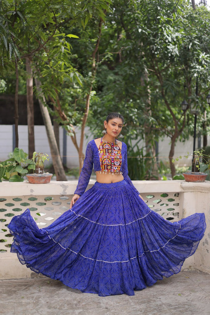 Blue Bandhej Print Faux Georgette Lehenga Choli Set with Gotta Patti & Gamthi Embroidery – Stitched ClothsVilla