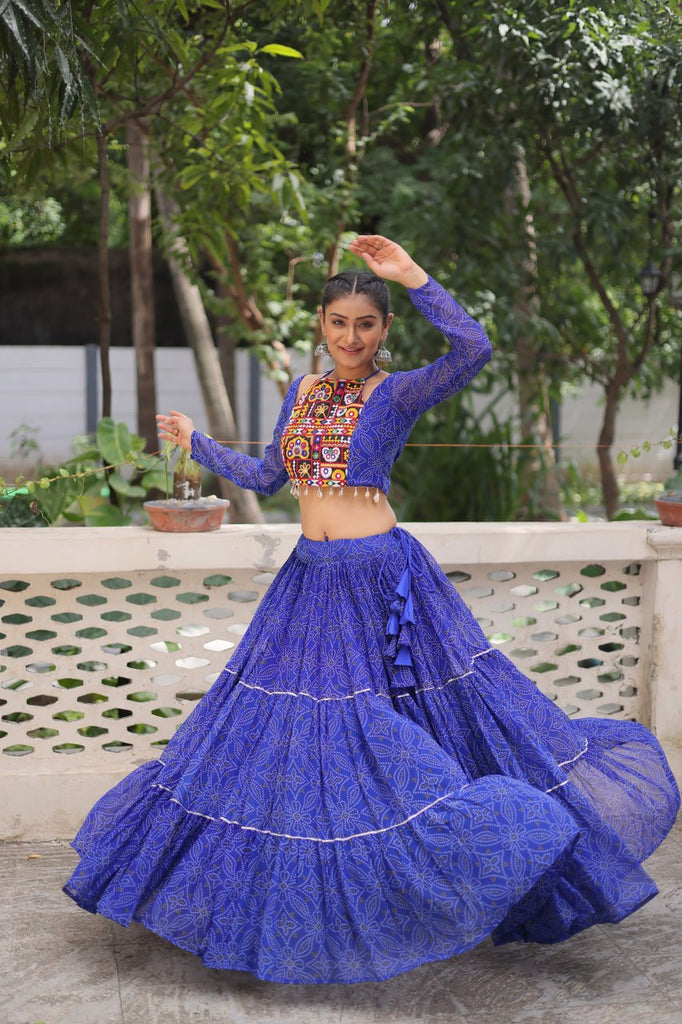 Blue Bandhej Print Faux Georgette Lehenga Choli Set with Gotta Patti & Gamthi Embroidery – Stitched ClothsVilla