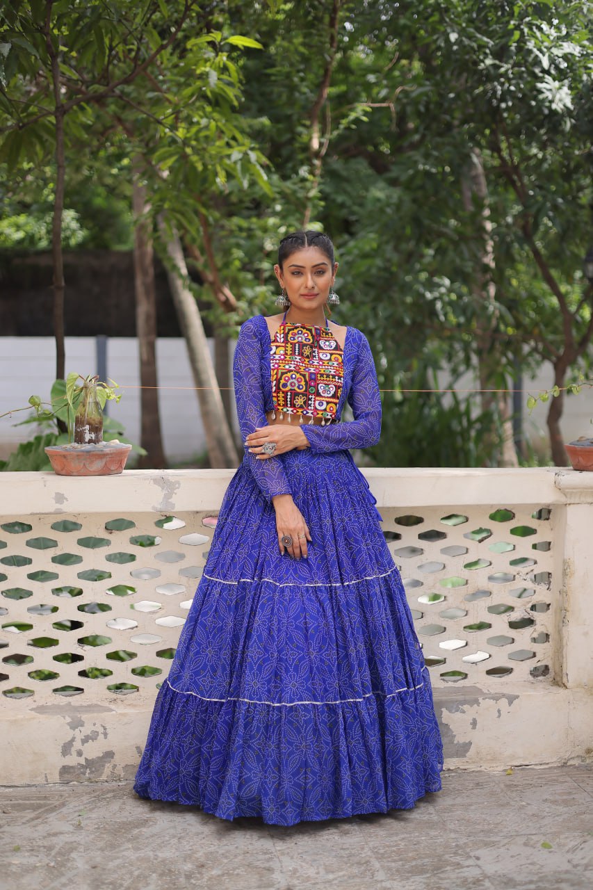 Blue Bandhej Print Faux Georgette Lehenga Choli Set with Gotta Patti & Gamthi Embroidery – Stitched ClothsVilla