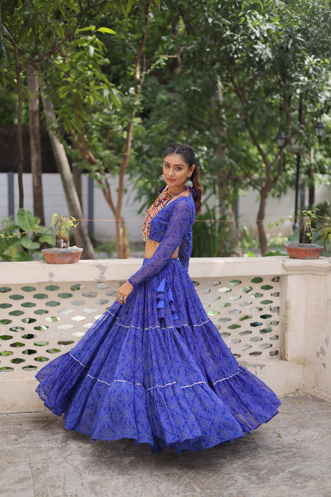 Blue Bandhej Print Faux Georgette Lehenga Choli Set with Gotta Patti & Gamthi Embroidery – Stitched ClothsVilla