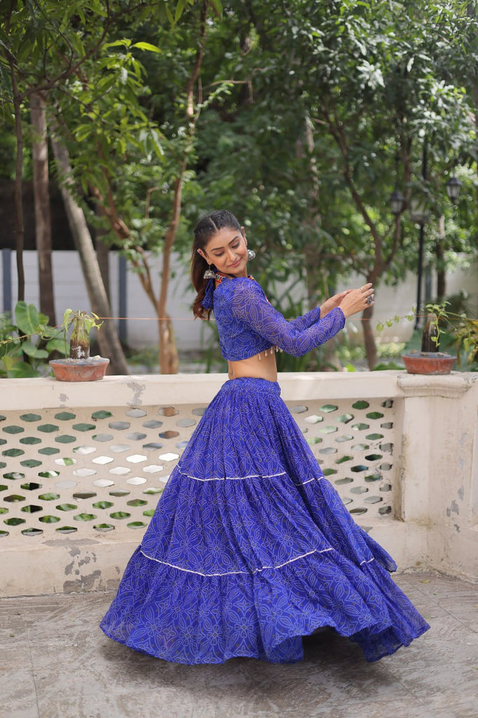 Blue Bandhej Print Faux Georgette Lehenga Choli Set with Gotta Patti & Gamthi Embroidery – Stitched ClothsVilla