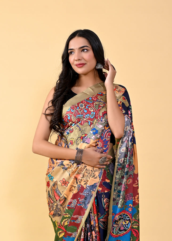 Blue & Black Classic Digital Printed Saree ClothsVilla