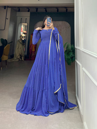 Blue Butterfly Bliss Printed Georgette Gown with Shimmering Dupatta - Ready to Wear ClothsVilla