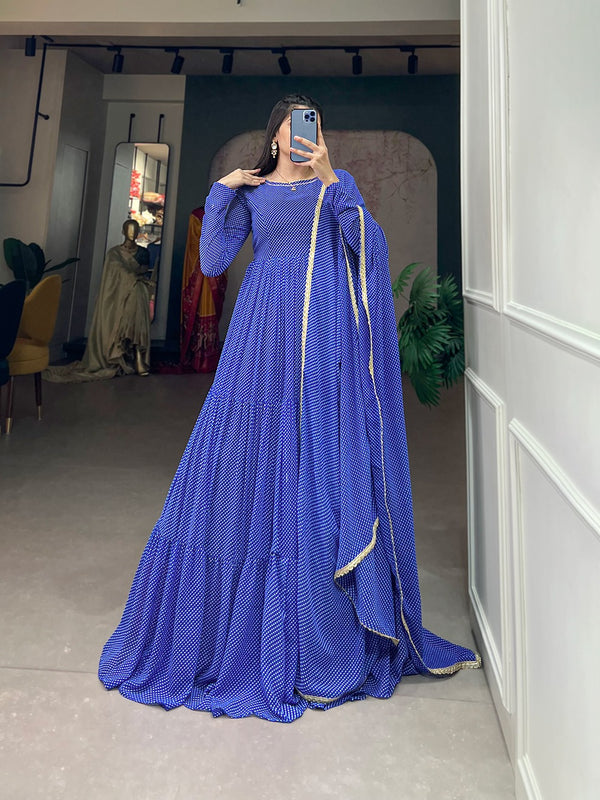 Blue Butterfly Bliss Printed Georgette Gown with Shimmering Dupatta - Ready to Wear ClothsVilla