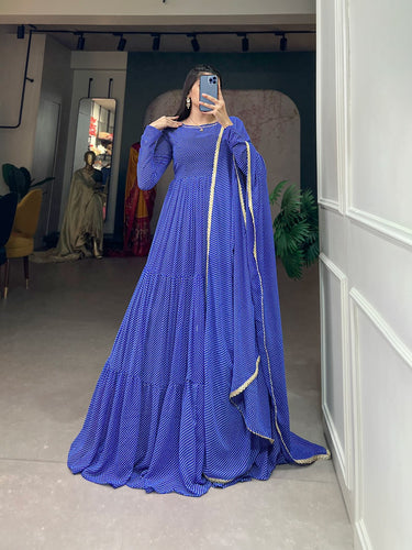 Blue Butterfly Bliss Printed Georgette Gown with Shimmering Dupatta - Ready to Wear ClothsVilla