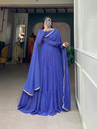 Blue Butterfly Bliss Printed Georgette Gown with Shimmering Dupatta - Ready to Wear ClothsVilla