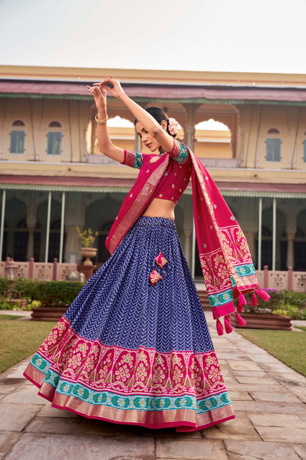 Blue Captivating Tussar Silk Patola Printed Lehenga Choli Set ClothsVilla