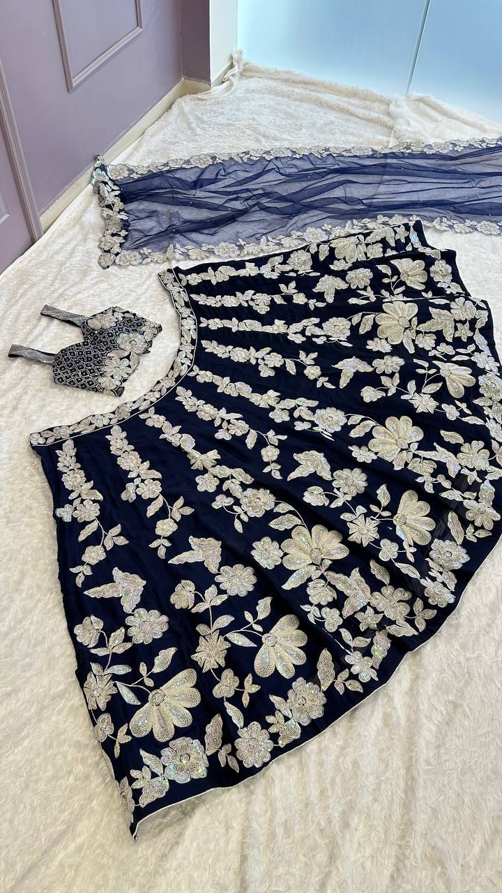 Blue Celebrate Indian Elegance — Kasturi Silk Georgette Lehenga Set with Rainbow Sequins & Dori Work ClothsVilla