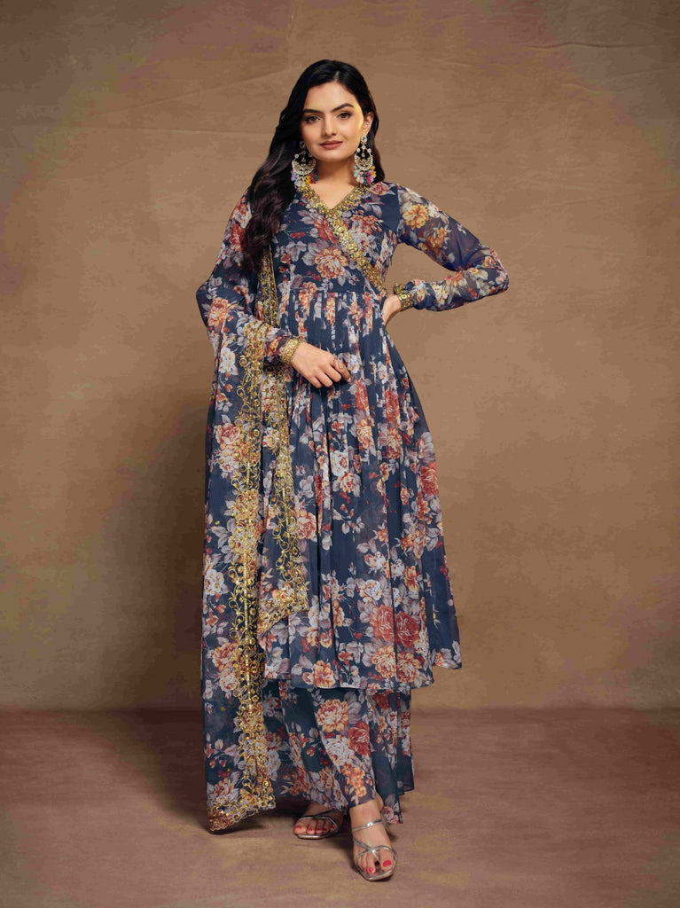 Blue Chiffon Printed Zari Work Sequence Suit with Palazzo and Dupatta ClothsVilla