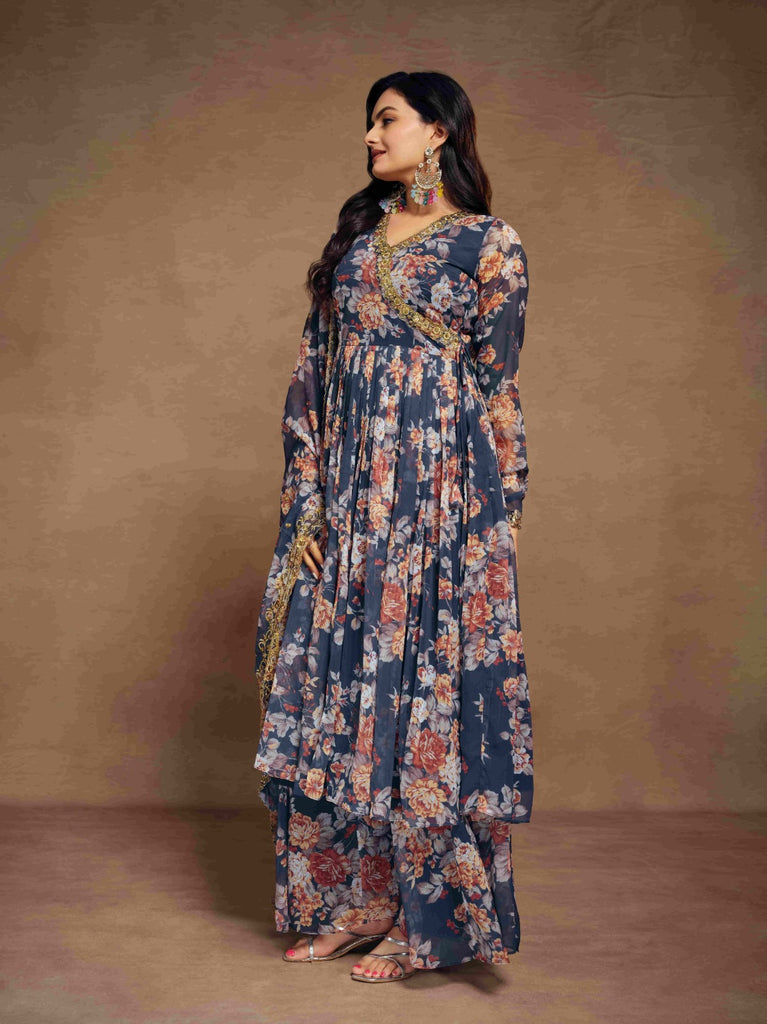 Blue Chiffon Printed Zari Work Sequence Suit with Palazzo and Dupatta ClothsVilla