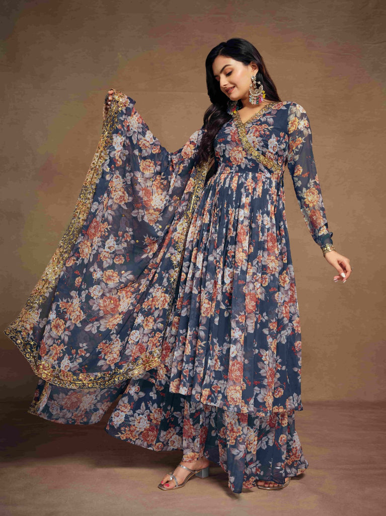 Blue Chiffon Printed Zari Work Sequence Suit with Palazzo and Dupatta ClothsVilla