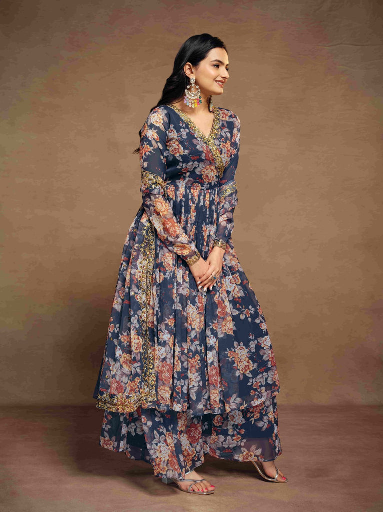 Blue Chiffon Printed Zari Work Sequence Suit with Palazzo and Dupatta ClothsVilla