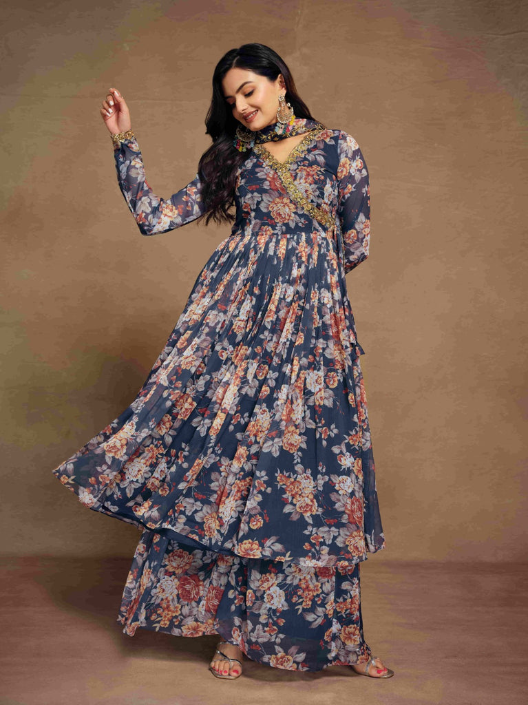 Blue Chiffon Printed Zari Work Sequence Suit with Palazzo and Dupatta ClothsVilla