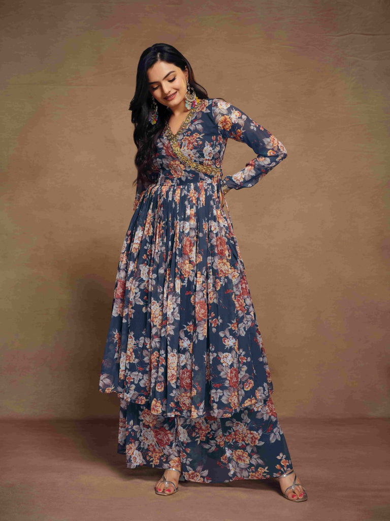 Blue Chiffon Printed Zari Work Sequence Suit with Palazzo and Dupatta ClothsVilla