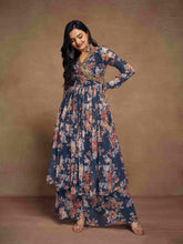 Load image into Gallery viewer, Blue Chiffon Printed Zari Work Sequence Suit with Palazzo and Dupatta ClothsVilla