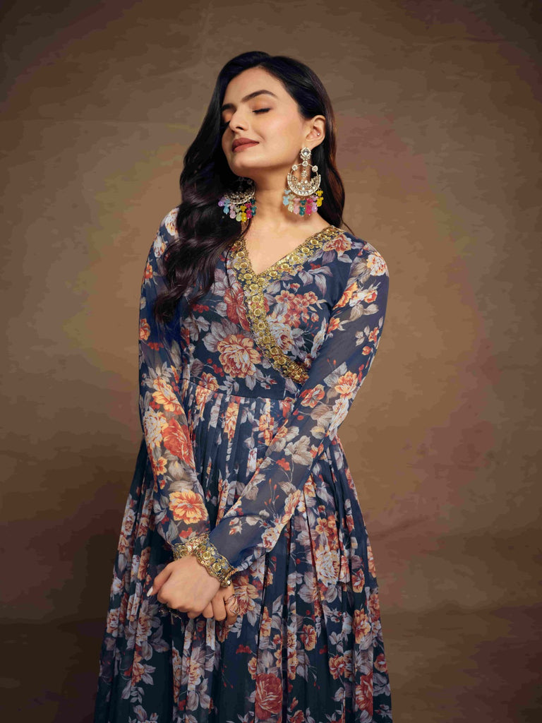 Blue Chiffon Printed Zari Work Sequence Suit with Palazzo and Dupatta ClothsVilla