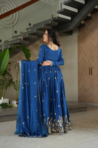 Blue Chinnon Embroidered Zari & Sequins Work Gown with Designer Dupatta – Festive & Party Wear ClothsVilla