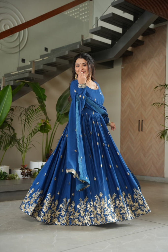 Blue Chinnon Embroidered Zari & Sequins Work Gown with Designer Dupatta – Festive & Party Wear ClothsVilla