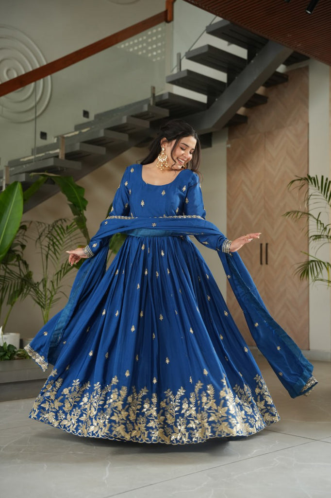 Blue Chinnon Embroidered Zari & Sequins Work Gown with Designer Dupatta – Festive & Party Wear ClothsVilla