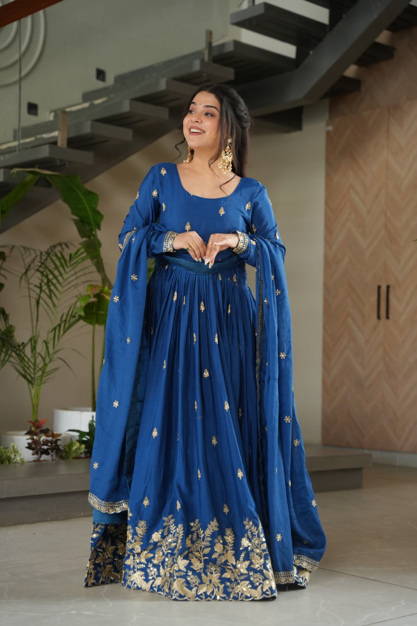 Blue Chinnon Embroidered Zari & Sequins Work Gown with Designer Dupatta – Festive & Party Wear ClothsVilla