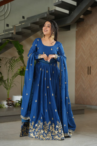 Blue Chinnon Embroidered Zari & Sequins Work Gown with Designer Dupatta – Festive & Party Wear ClothsVilla
