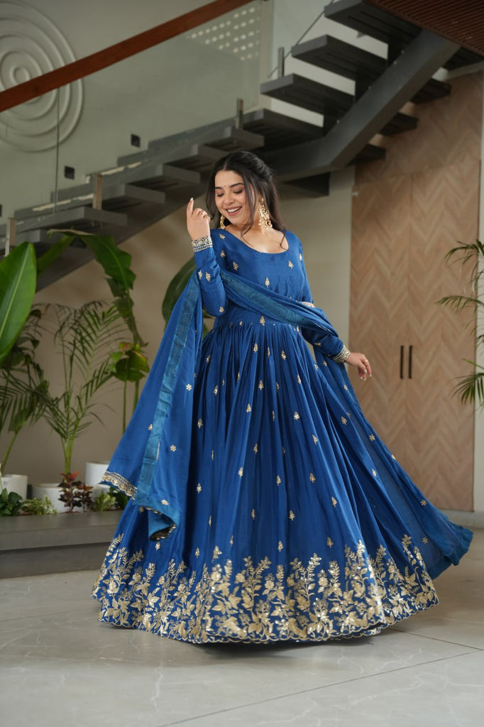 Blue Chinnon Embroidered Zari & Sequins Work Gown with Designer Dupatta – Festive & Party Wear ClothsVilla