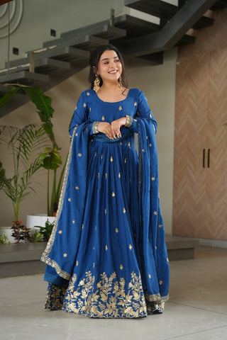 Blue Chinnon Embroidered Zari & Sequins Work Gown with Designer Dupatta – Festive & Party Wear ClothsVilla