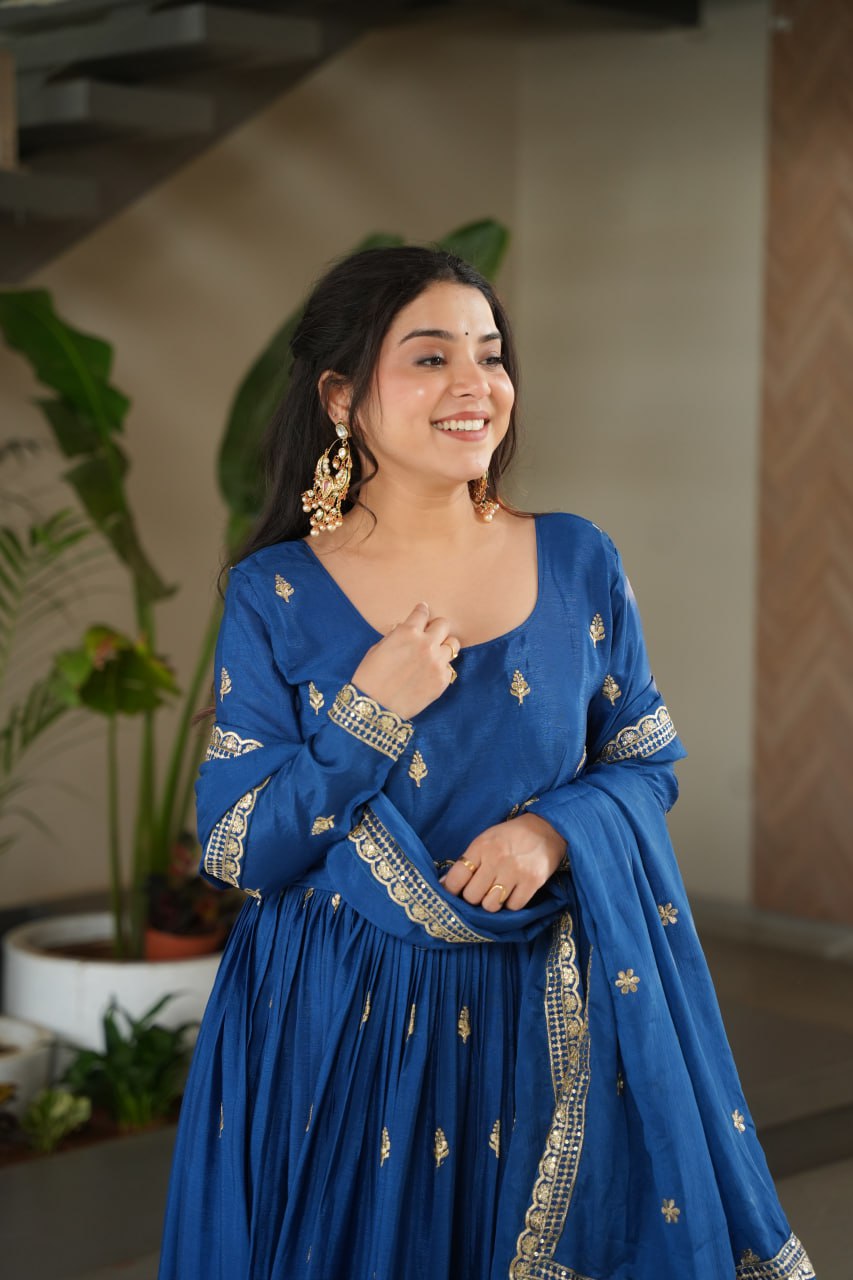 Blue Chinnon Embroidered Zari & Sequins Work Gown with Designer Dupatta – Festive & Party Wear ClothsVilla