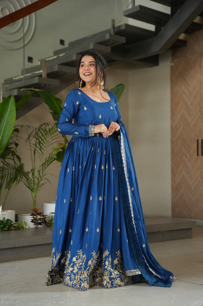 Blue Chinnon Embroidered Zari & Sequins Work Gown with Designer Dupatta – Festive & Party Wear ClothsVilla