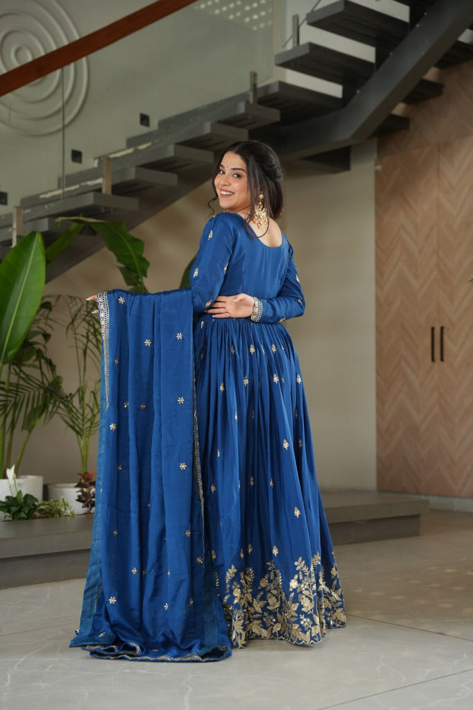 Blue Chinnon Embroidered Zari & Sequins Work Gown with Designer Dupatta – Festive & Party Wear ClothsVilla