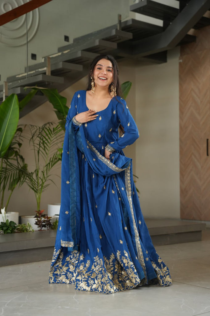 Blue Chinnon Embroidered Zari & Sequins Work Gown with Designer Dupatta – Festive & Party Wear ClothsVilla