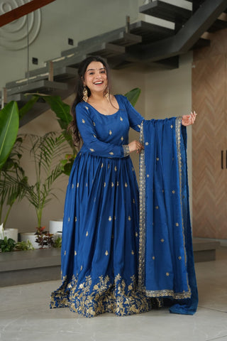 Blue Chinnon Embroidered Zari & Sequins Work Gown with Designer Dupatta – Festive & Party Wear ClothsVilla