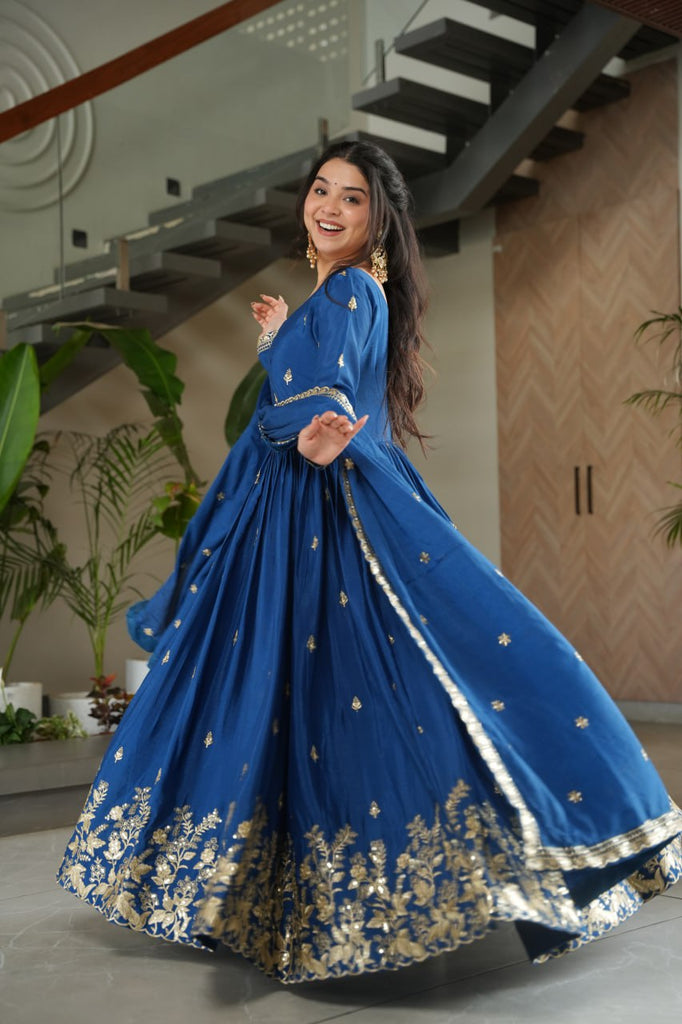 Blue Chinnon Embroidered Zari & Sequins Work Gown with Designer Dupatta – Festive & Party Wear ClothsVilla