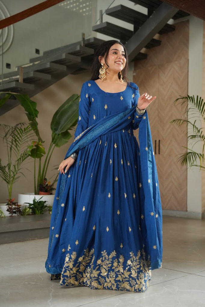 Blue Chinnon Embroidered Zari & Sequins Work Gown with Designer Dupatta – Festive & Party Wear ClothsVilla