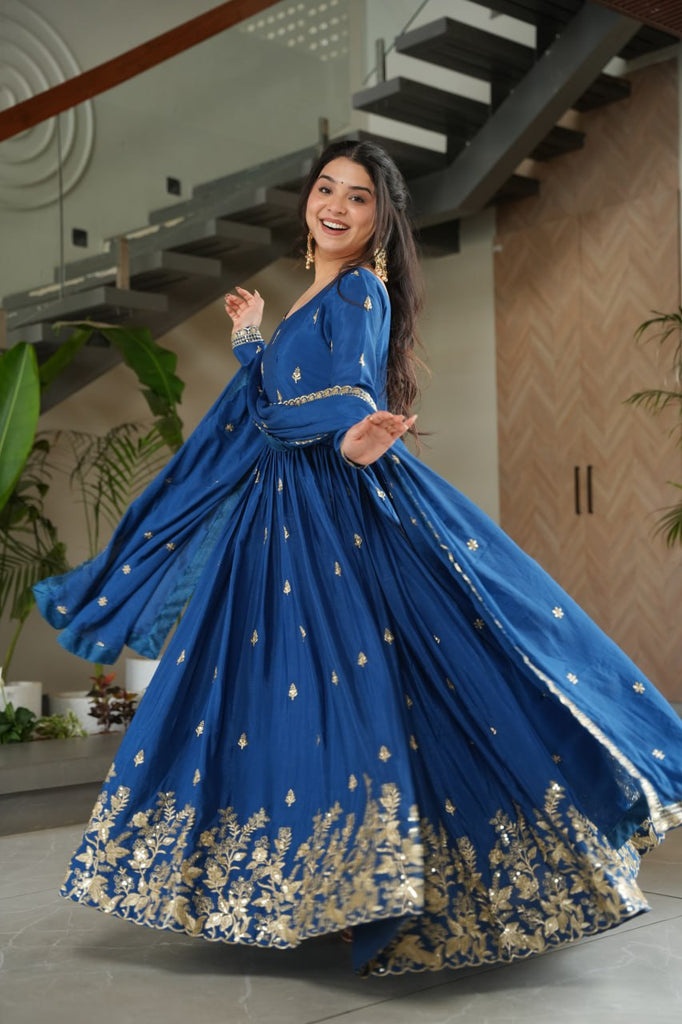 Blue Chinnon Embroidered Zari & Sequins Work Gown with Designer Dupatta – Festive & Party Wear ClothsVilla