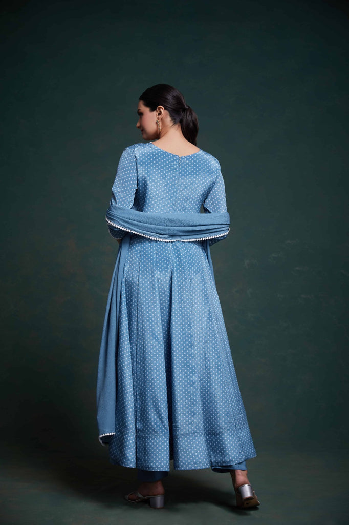 Blue Chinon Silk Dress with Printed Work – Ready to Wear ClothsVilla