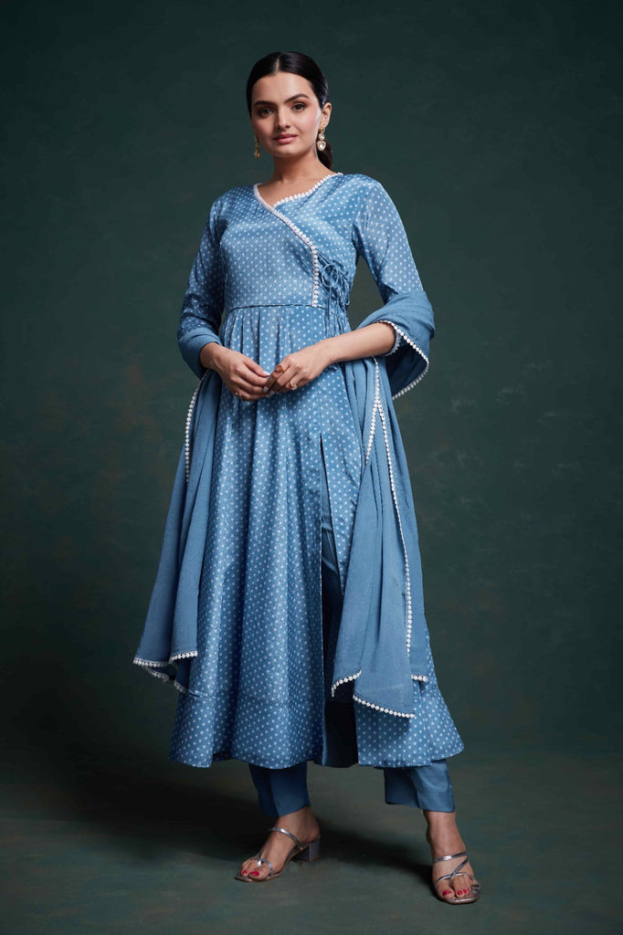 Blue Chinon Silk Dress with Printed Work – Ready to Wear ClothsVilla