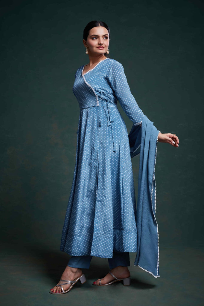 Blue Chinon Silk Dress with Printed Work – Ready to Wear ClothsVilla