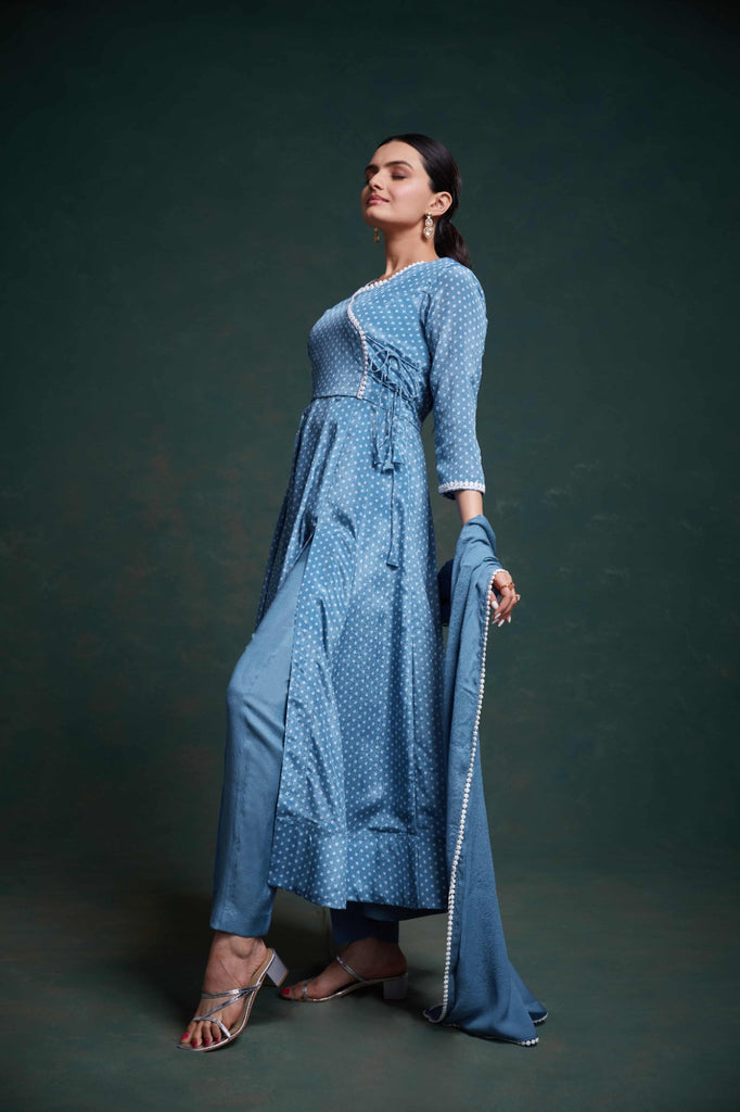 Blue Chinon Silk Dress with Printed Work – Ready to Wear ClothsVilla