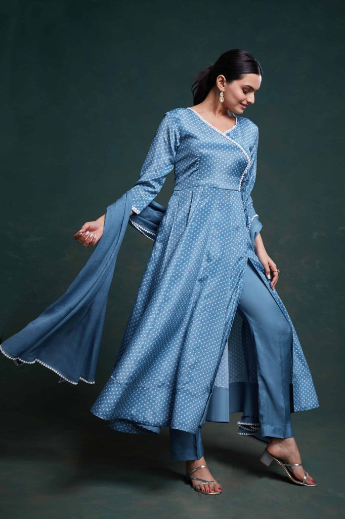 Blue Chinon Silk Dress with Printed Work – Ready to Wear ClothsVilla