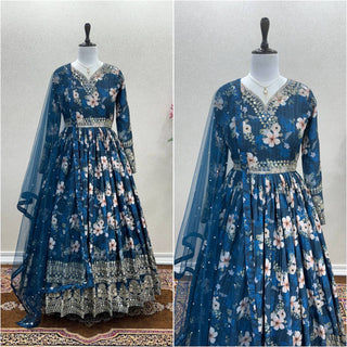 Blue Color Designer Party Wear Pure Chinon Silk Top, Palazzo & Dupatta Set ClothsVilla