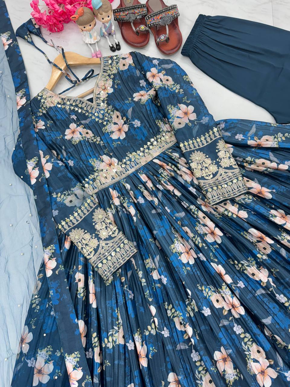 Blue Color Designer Party Wear Pure Chinon Silk Top, Palazzo & Dupatta Set ClothsVilla