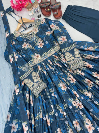 Blue Color Designer Party Wear Pure Chinon Silk Top, Palazzo & Dupatta Set ClothsVilla